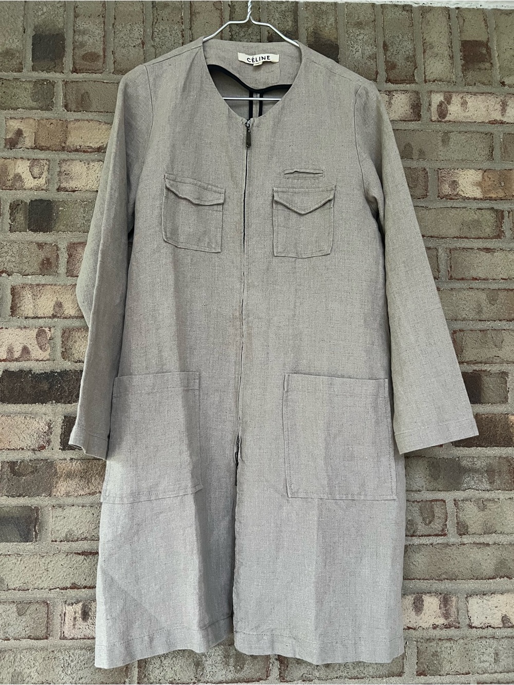 Celine Light Gray Zip-Front Long Trench Coat